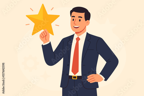 Confident businessman holding gold star symbolizing high performance, employee achievement, leadership success, award recognition, quality evaluation, workplace excellence concept