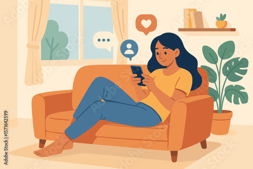 Relaxed woman using smartphone on sofa at home, chatting, browsing social media, enjoying digital lifestyle, online communication, cozy living room, modern flat vector illustration