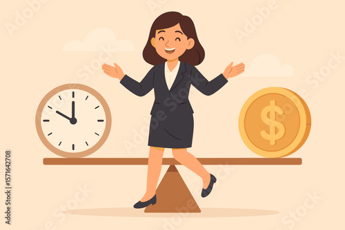 Businesswoman balancing time and money on seesaw. Work life balance, financial management, investment decision, career success, time management, savings concept illustration.