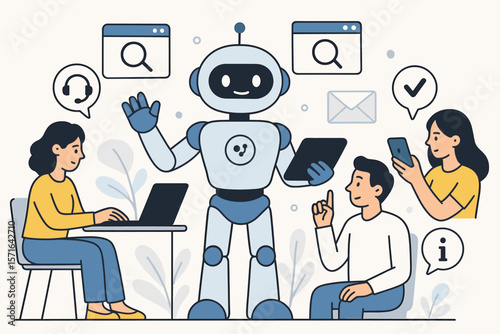 Friendly AI Robot Assisting People with Online Services, Customer Support, Search, Communication, Information, Technology Collaboration, Modern Flat Vector Illustration