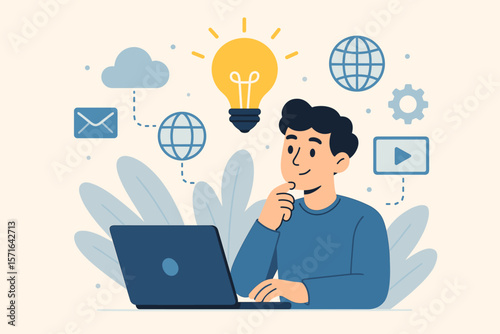 Online Inspiration and Innovation Concept. Creative Idea Generation with Laptop, Lightbulb, Internet, Cloud, Email, Video, Gear Icons. Modern Flat Vector Illustration