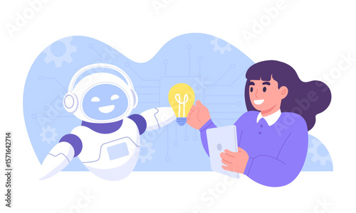 Artificial Intelligence character is giveing an light bulb ideas to young woman. AI helps entrepreneurs generate business ideas and strategies. Technology for business. Flat vector illustration.