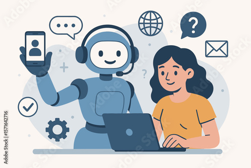 Artificial intelligence chatbot support assisting user online. Friendly robot helper with headset, virtual assistant, customer service, digital communication, technology concept illustration