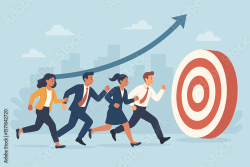 Business team running towards target, achieving company goals, teamwork success, corporate objective, group strategy, collaboration, leadership, growth, winning together concept