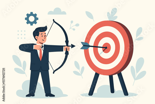Businessman aiming bow at target. Achieving goals, hitting bullseye, business strategy, focus, precision, leadership, success, motivation, flat vector illustration concept