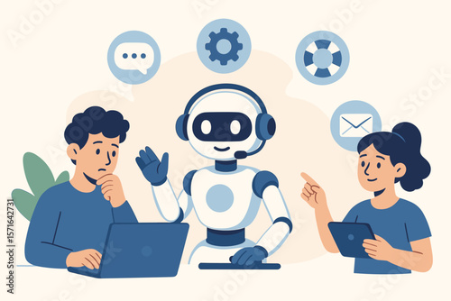 Artificial intelligence chatbot assisting users online. Friendly robot virtual assistant, customer support, help desk, teamwork, digital communication, technology service concept