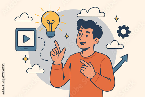 Online technology inspiration concept. Creative innovation idea, digital learning, brainstorming, light bulb symbol, modern cartoon vector, growth, cloud computing, video tutorial