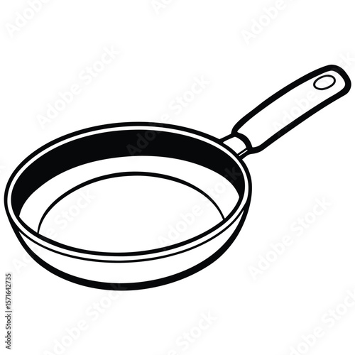 Black and white line art illustration of a frying pan with handle