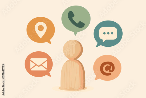 Contact Us Customer Service Support Concept. Website Communication Icons. Phone Email Location Chat Symbol. Wooden Person Figure. Webpage Connection Hotline Vector Illustration