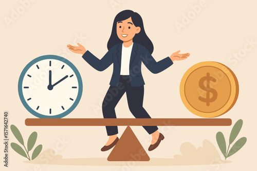 Businesswoman balancing time and money on seesaw. Work life balance, time management, financial decisions, investment, savings, career success, control, choice concept illustration