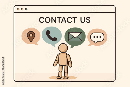 Contact Us Webpage Illustration, Customer Support Hotline, Email Marketing, Communication Icons, Wooden Mannequin, Location, Phone, Email, Chat Speech Bubbles