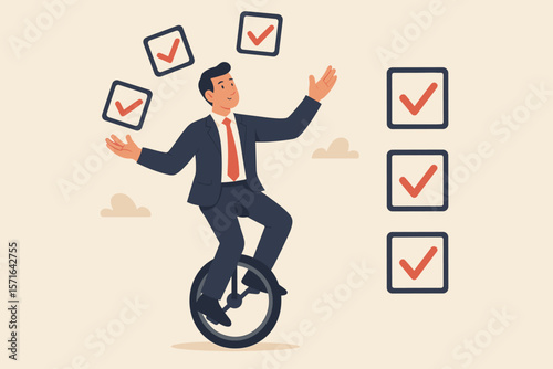 Businessman juggling checklists on unicycle. Project management, multitasking, productivity, task completion, professional to-do list, work accomplishment, efficiency concept