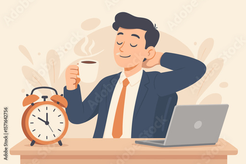 Businessman relaxing at desk with coffee cup and alarm clock, taking coffee break to relieve work stress, fatigue, boredom, and sleepiness, workplace relaxation concept