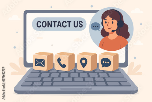 Contact Us Web Page Concept, Customer Support Hotline, Email, Phone Call, Location, Chat Message Icons, Online Communication, Client Service, Digital Assistance, Website Banner