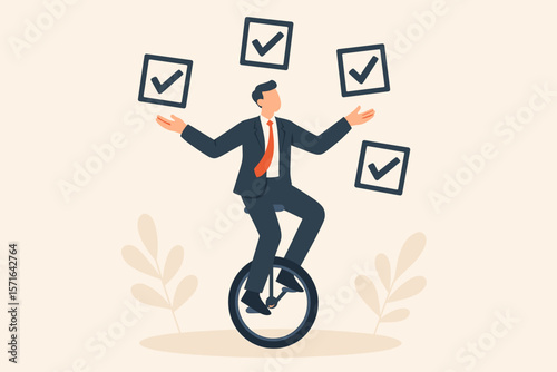 Businessman Juggling Multiple Tasks on Unicycle, Project Management, Productivity, Time Management, Accomplishment, Checklist, Completed Tasks, Multitasking Concept Illustration