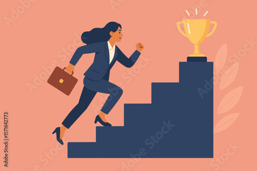 Ambitious businesswoman climbing stairs to success, career growth motivation, leadership achievement, goal setting, professional development, ambition, reaching trophy reward