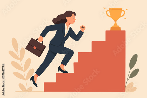 Ambitious businesswoman climbing stairs to success, career growth and achievement, motivation, leadership, reaching goal, professional woman, ambition, trophy, opportunity