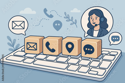 Contact Us Webpage Illustration, Customer Support Hotline, Email Marketing Concept, Communication Icons on Keyboard, Phone, Email, Address, Chat Message, Online Service