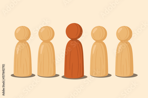 Leadership and Teamwork Concept. Unique Wooden Figure Standing Out Among Group. Diversity, Individuality, Team Leader, Business Success, Modern Flat Vector Illustration