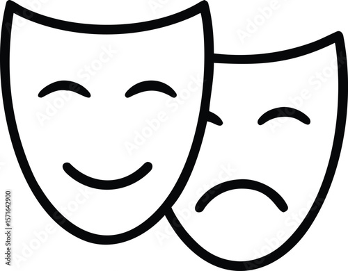 Masks of Emotion: A minimalist illustration of a happy and sad theatrical mask, representing the duality of human feelings and the art of performance.