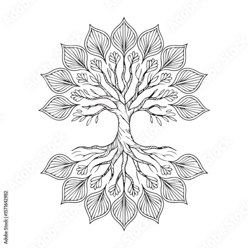 An intricate line drawing of a tree of life mandala, symbolizing growth, interconnectedness, and the cycle of life