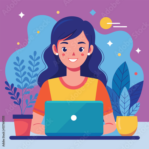 Smiling woman working on laptop surrounded by decorative plants in flat vector illustration