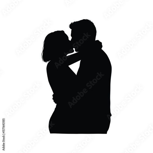 Silhouette of a couple kissing passionately romantic embrace love relationship black and white vector illustration