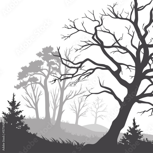 Silhouette illustration featuring a forest landscape with bare trees and coniferous trees in grayscale tones
