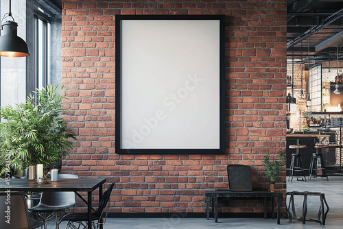  modern cafe interior featuring blank poster mockup on textured brick wall, cozy seating, and warm ambient lighting for branding or artwork presentation
