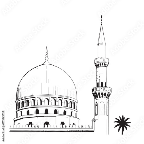 A majestic mosque with a tall minaret and a large dome, accompanied by a palm tree, is depicted in a detailed line art illustration against a white background