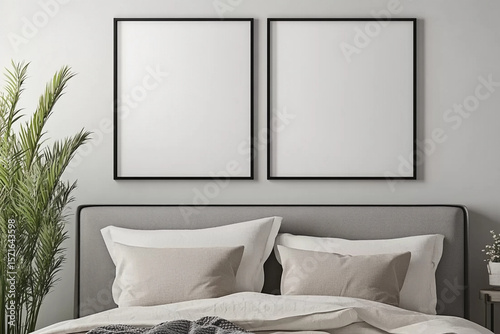 3D rendering of modern bedroom interior featuring blank poster frame mockup, minimalist furniture, and clean design for artwork or branding presentation