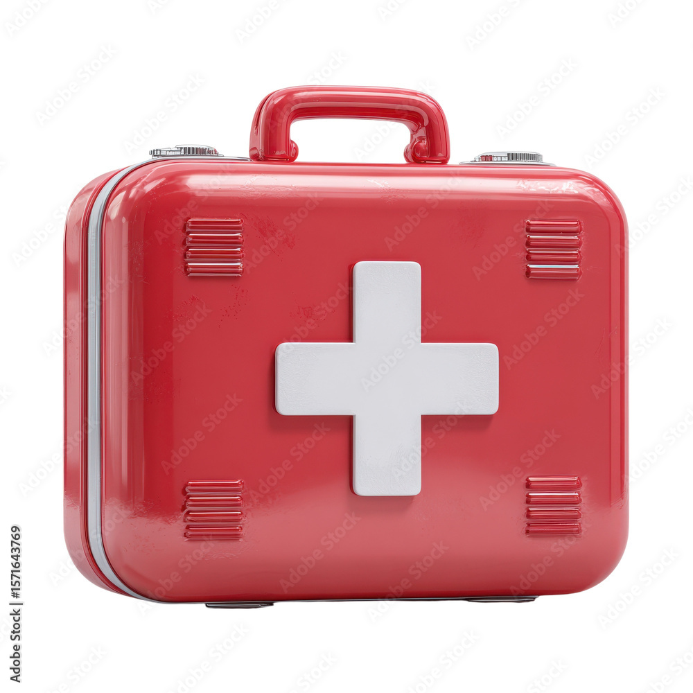 Obraz premium 3D first aid kit with a white cross symbol, perfect for healthcare, emergency, and medical-related designs.isolated on white background 