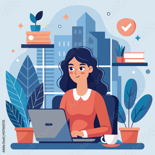 Young woman working on laptop at home office with plants and city view