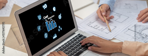 Cost reduction, cost saving concept shown on computer screen brisk, corporate business efficiently save cost and company resources by reduction of unnecessary expenses