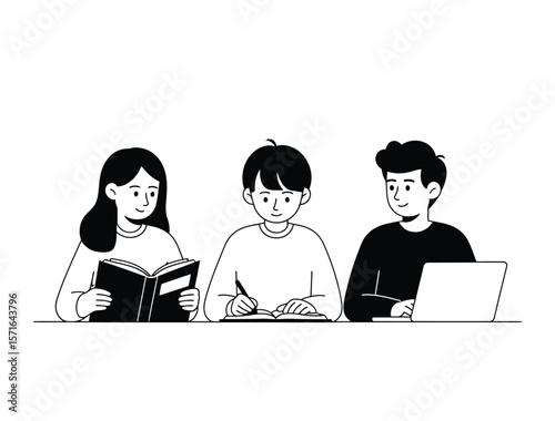 Three young students studying together, reading, writing, and using a laptop.