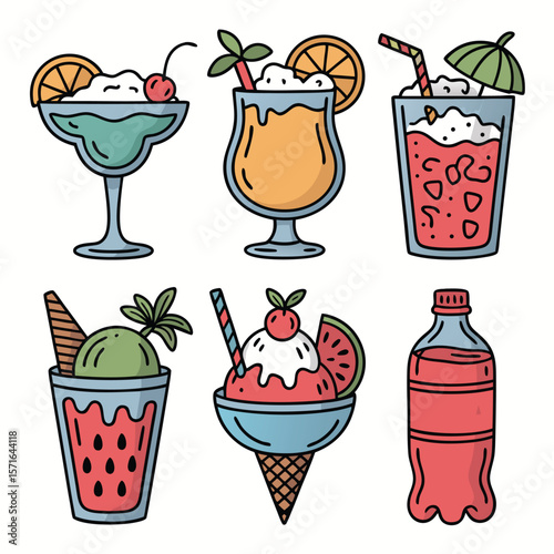 Vibrant summer drinks and desserts collection with tropical fruit accents