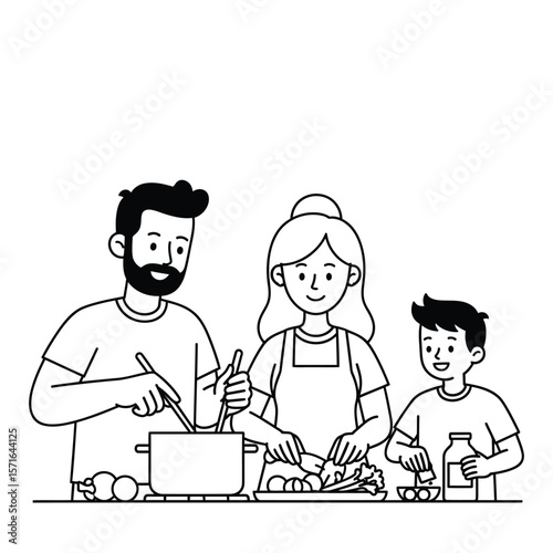 Happy family cooking together in the kitchen, preparing a healthy meal.