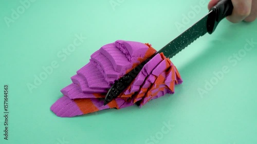 Very Satisfying and Relaxing Kinetic Sand ASMR video. Cutting anti stress macro close up colorful Kinetic Sand with a Knife. ASMR sounds.