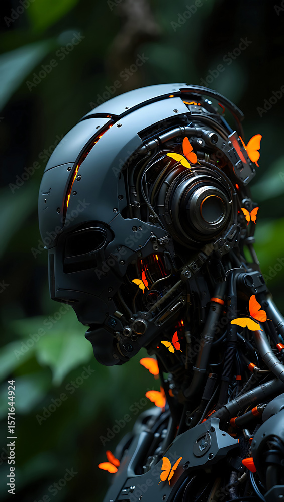 Fototapeta premium Cybernetic Head, Glowing Orange Butterflies, Dark Green Background, Futuristic, Mysterious Mood, AI Art, Sci-Fi, Detailed, Close-up.