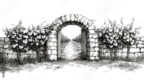 Vintage Engraving of Vineyard with Stone Wall - Professional Image for Creatives