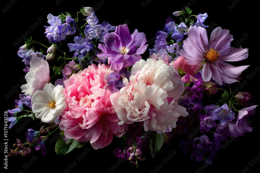 Obraz premium Romantic bouquet featuring pastel flowers arranged beautifully against a black background for a timeless and elegant display