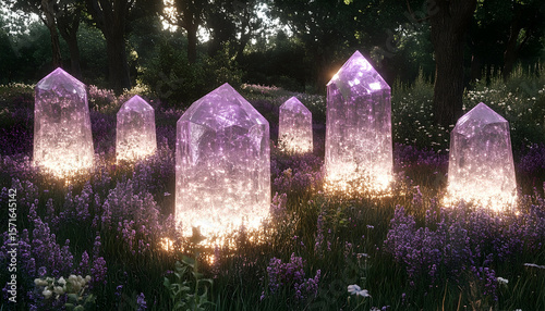 Shimmering purple crystals stand in lavender field, glowing in the sunlight against a backdrop of trees