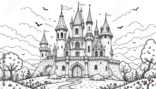 delicate coloring page of a whimsical fairytale castle, in a fantastical style, black and white, featuring towers and flying banners, fine contours, airy design for detailed coloring