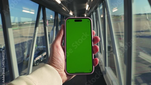 A passenger boards an airplane through a boarding bridge to take his seat on the plane, holding a smartphone with a green screen chroma key. High quality 4k footage