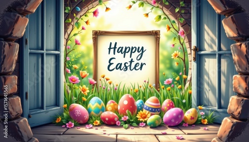 happy easter background with message, frame and easter eggs scene, bird's eye view from tunnel vision in sunlit sketch style, subject at the top with copy space at the bottom