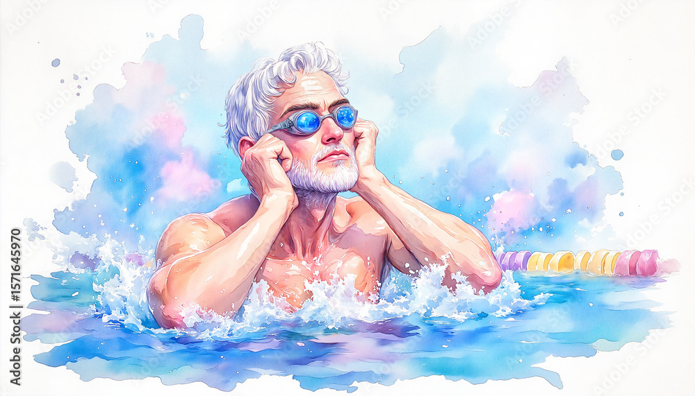 Naklejka premium Watercolor illustration man swimming in pool with swim goggles. Watercolor illustration depicts senior man enjoying leisurely swim, resting arms on pool edge after exercise.