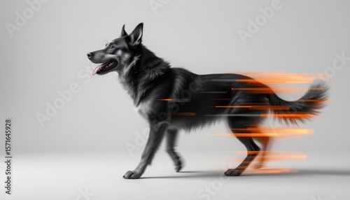 monochromatic, stark portrait of a canine panion, geometric abstraction conveying irrepressible joy through deliberate motion blur, subject position favors the left, ample negative space to the right