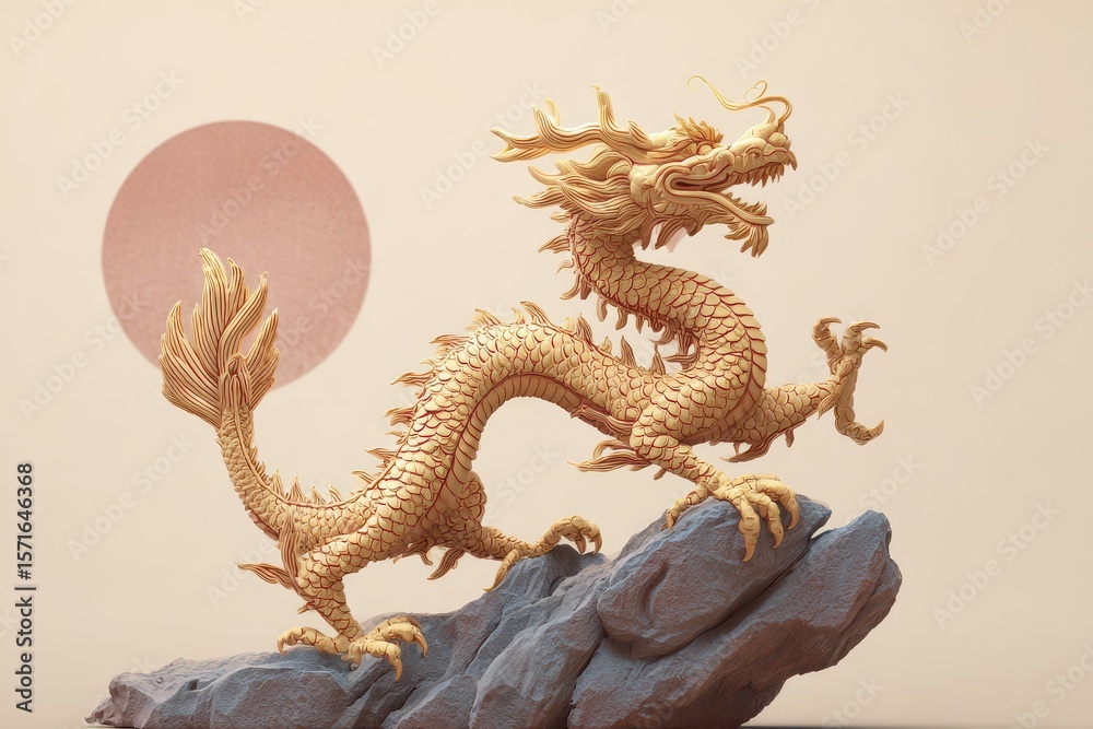 Obraz premium Majestic dragon perched atop a rocky surface with a tranquil backdrop
