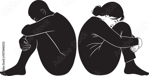 Conceptual illustration of depression and loneliness, black silhouettes of woman , Sad Woman silhouettes Illustrations