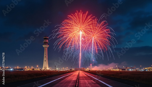 Fireworks celebration at airport runway with control tower and city lights at night